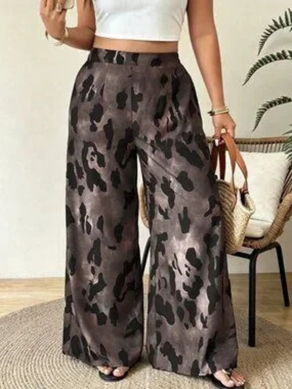 ZARA Mocha Brown Casual Women's Plus Size High Waist Wide Leg Loose Long Pants